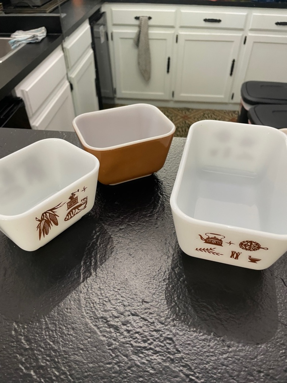 Vintage Pyrex Early American Fridgie Dishes White and Brown no lids - Set of 3